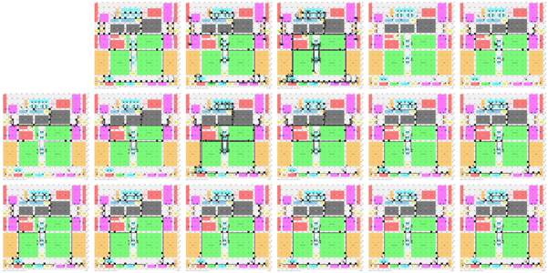 Seventeen horizontal layers of a complex digital chip design showing the interconnection layouts for each layer